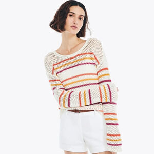 Nautica Striped Crochet Crewneck Sweater Size Large Beachy Coastal Cream NEW